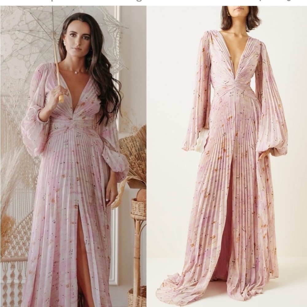 Alexis Elisha Plisse Chiffon Pleated Pink Abstract Maxi Dress Rainwater Quartz